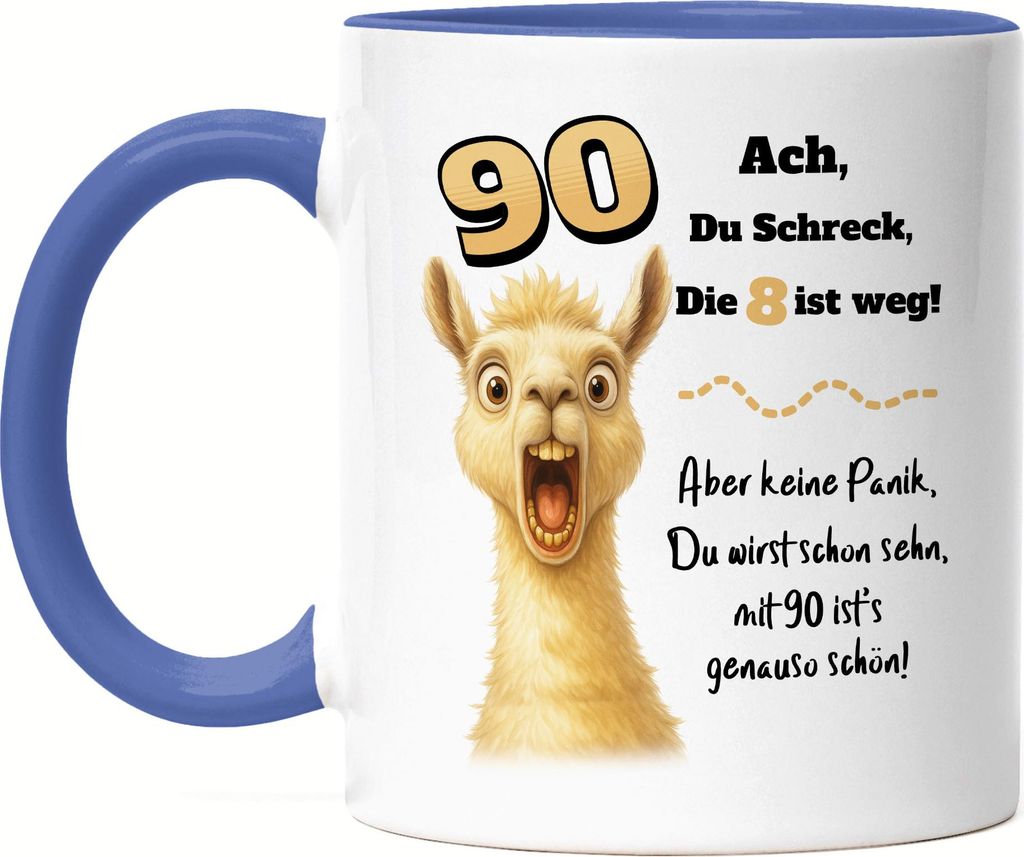 Ach du Schreck Lama Tasse Blau Lustiges Geschenk 90 Geburtstag Party Spaß Frauen Männer