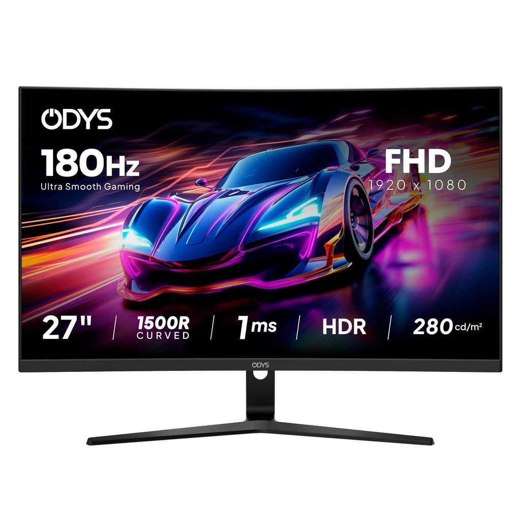 A curved computer monitor displaying a futuristic car on a colorful, abstract background.