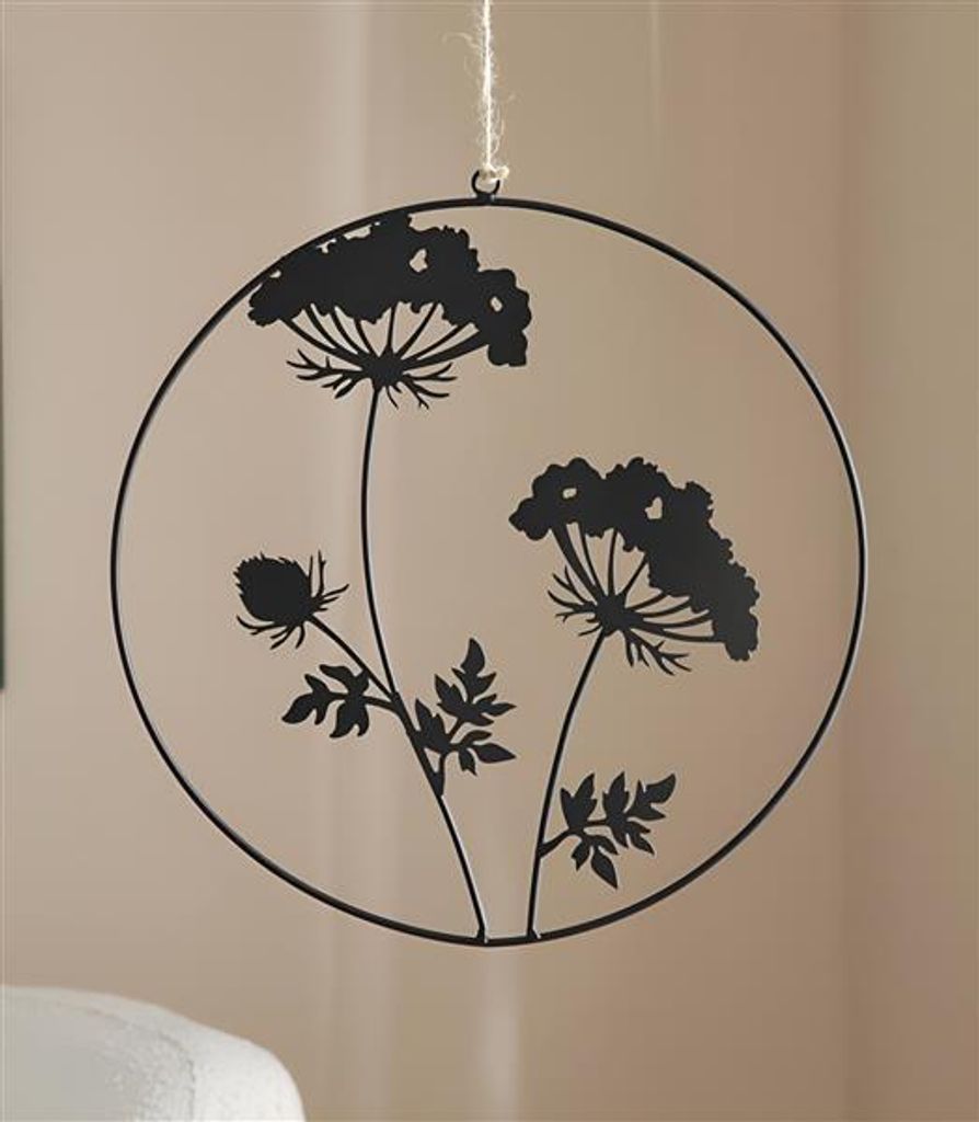 Dekohänger "Blumen" aus Metall, matt schwarz, Ø 35 cm, Wanddeko, Wandbild, Türdeko, Fensterdeko
