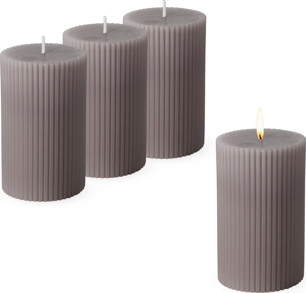 Echtwachs Stumpenkerze 10 x 6 cm geriffelt 4er Set - grau - Advents Kerze unparfümiert ca. 27 Stunden Brenndauer
