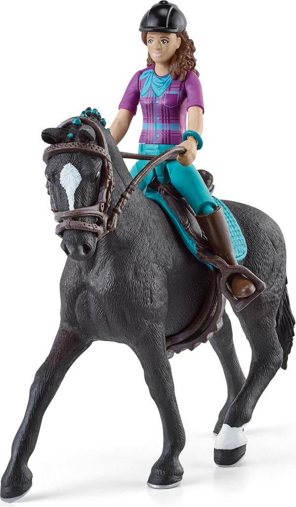 A toy horse and rider figurine.