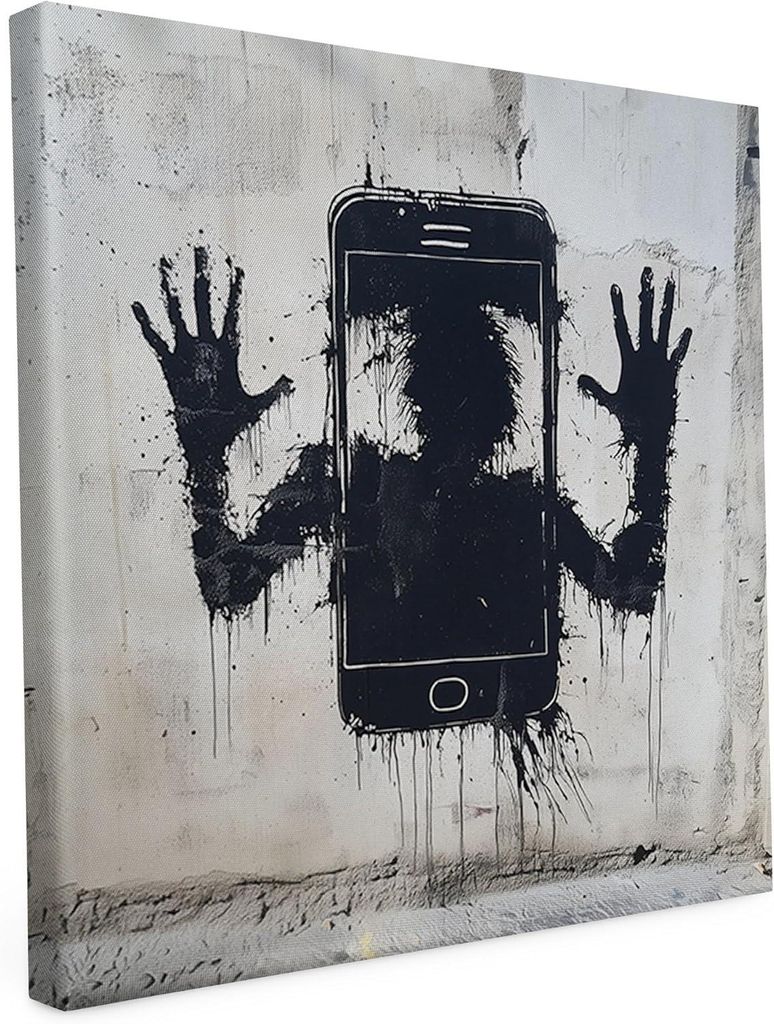 Banksy Motiv - Handyfalle - 40 x 40 cm - Wandbild auf Leinwand - matter Kunstdruck - Graffiti - Street Art - 2cm Holzrahmen - Keilrahmen bedruckt