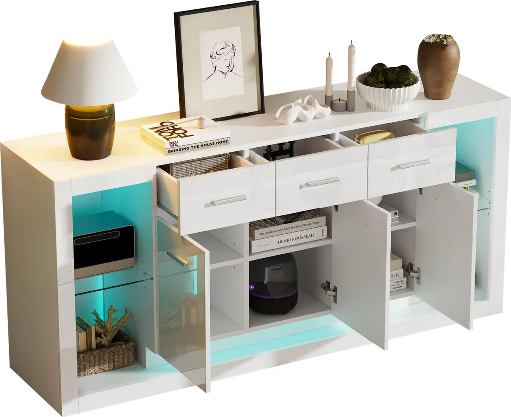 Buffet bas blanc brillant 160cm avec 14 compartiments et éclairage LED - 13