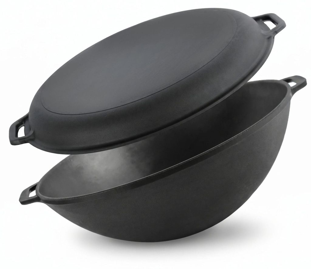 Gusseisen Wok 36 cm mit Deckel-Bratpfanne Kazan 8 L flacher Produktbild 
