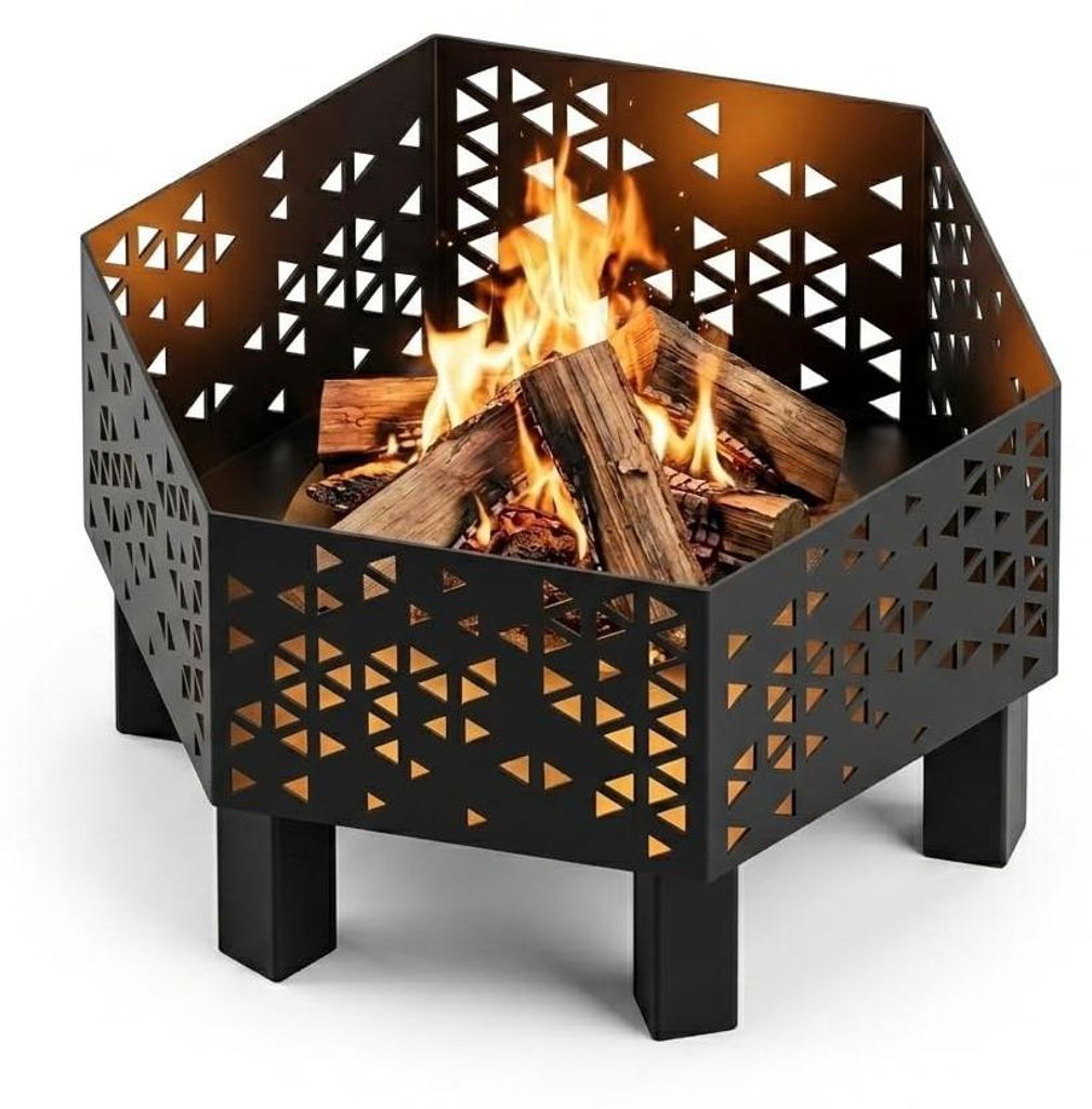 MetaloPro Hexa Tatra Feuerschale sechseckig – Feuerstelle Garten 70 cm, 3 mm Stahl geschweißt, Lasercut Bergsilhouetten-Motiv, schwarz pulverbes...