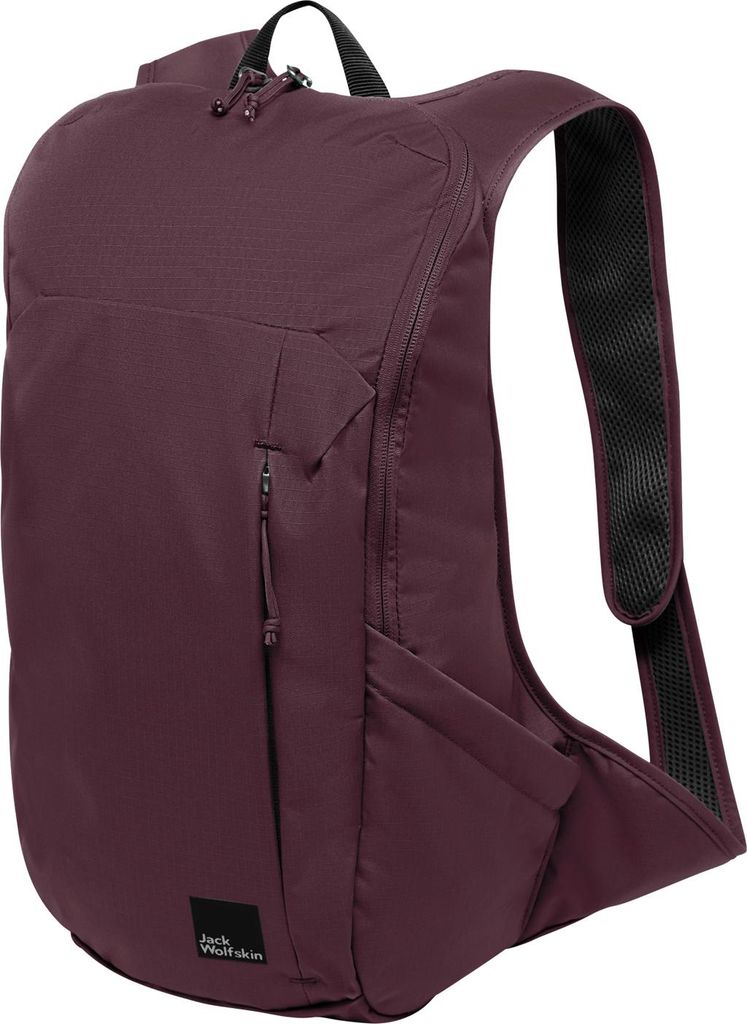 A product shot of a burgundy backpack against a white background.