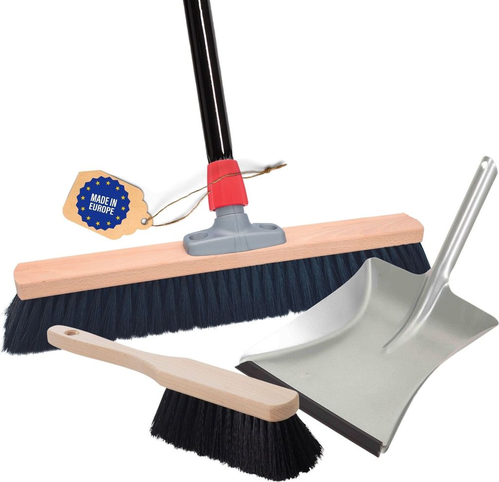 Novaliv Saalbesen 50 cm mit Stiel Borsten Kunstborsten inkl. Kehrgarnitur verzinkt mit Gummilippe bestehend aus Kehrblech und Handfeger besen fein ...