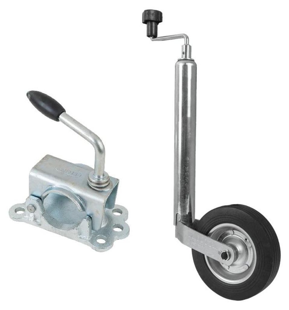 KNOTT Stützrad Set TK48 LBG48 150 kg 48 mm 480 bis 700 mm mit Vollgummirad 200x50 Stahlfelge Gusseisenklemme für Anhänger Trailer und Deichsel