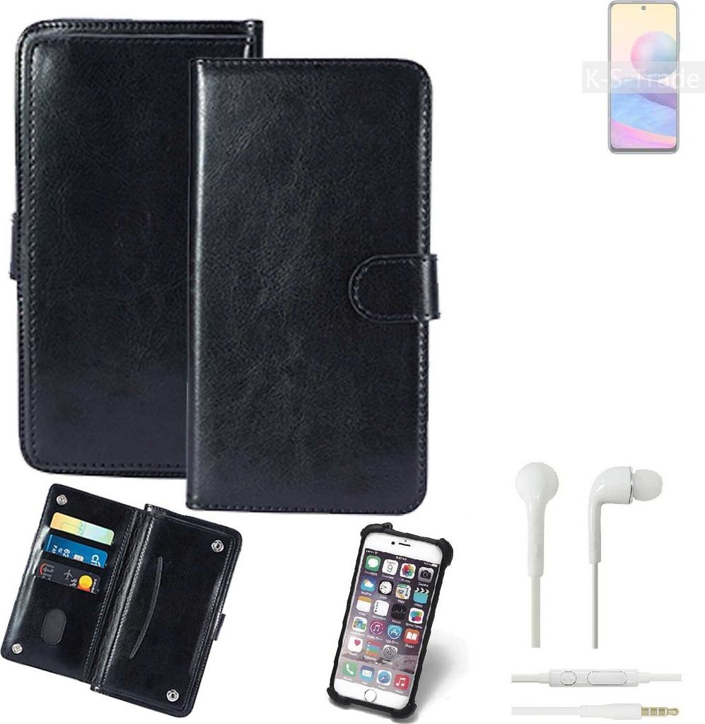 K-S-Trade 360° Hülle kompatibel mit Xiaomi Redmi Note 10 5G inkl. Headphones schwarz Kunstleder Case BookCase WalletCase Kunstlederederhülle