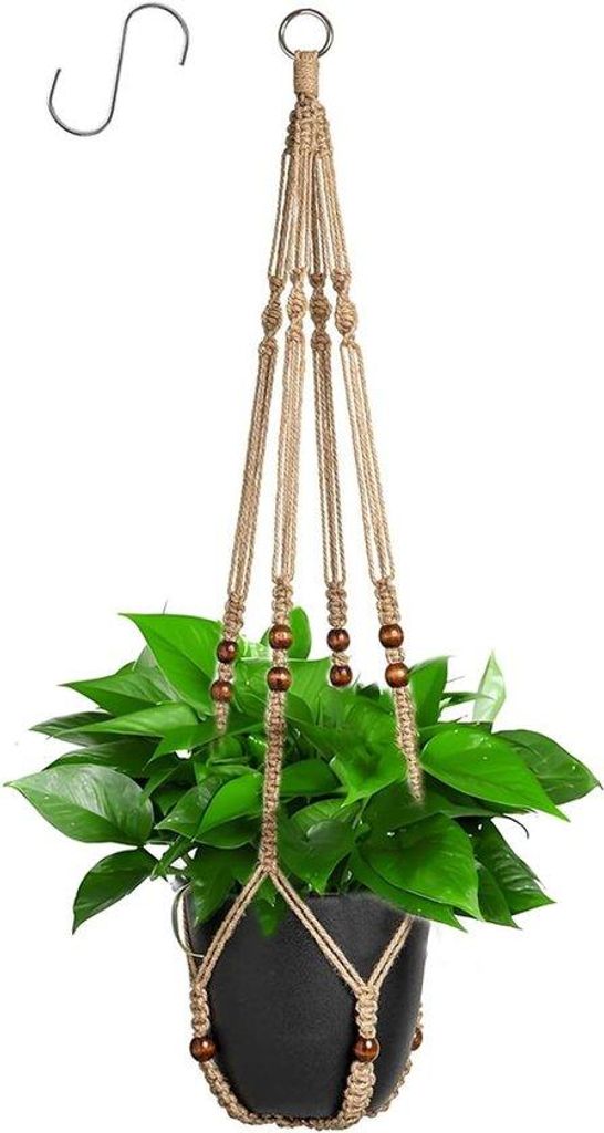 Jute-Macrame-Hänge für Pflanzen - Boho-Plafond-Wand-Planter - Hängekorb mit Holzperlen - 90 cm - innen und außen - ohne Pins - Hängekorb für ...