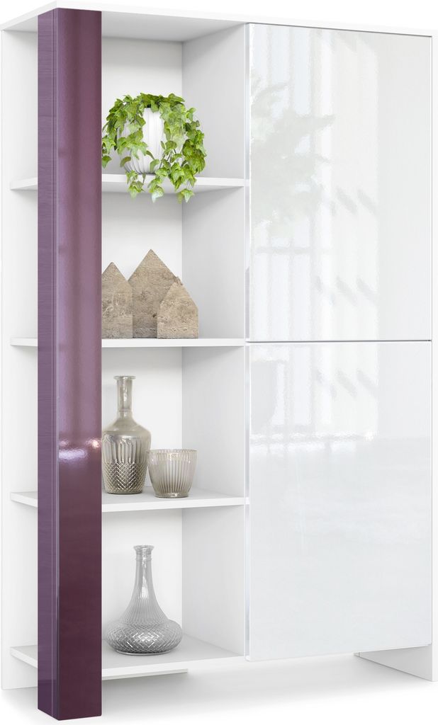 Vladon Highboard Canto, Germany, hoher Schrank mit 2 Türen und 8 Fächern, Korpus Weiß matt, Fronten Weiß Hochglanz, Nachbildung-Paneele Brombee...