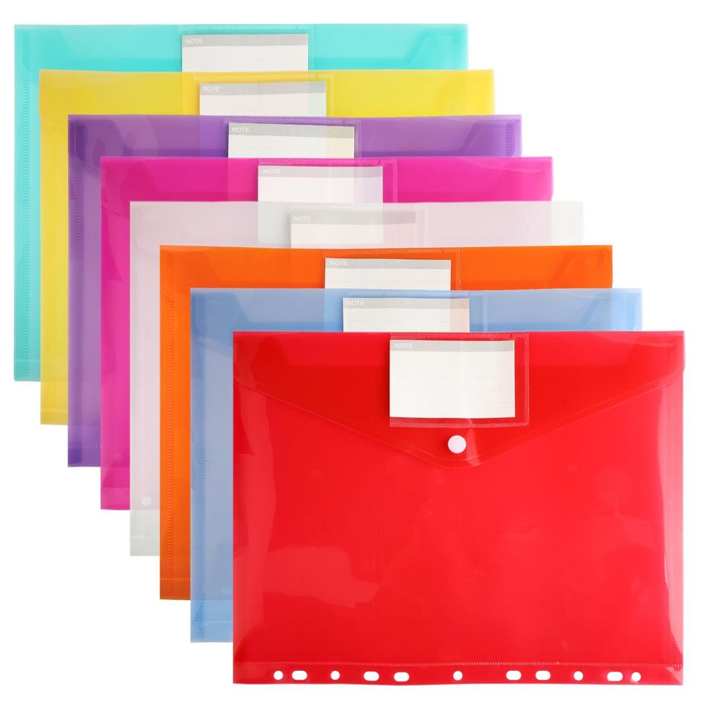 8 A4-Dokumentenmappen, 8 Farben, mit Druckknopfverschluss, 11 Perforationen am Rand, wasserfest, mit Etikettenfach