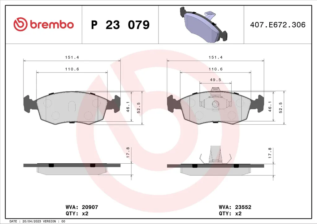 Brembo P 23 079 Plaquettes de Frein OE 71738151 pour Fiat Punto et Siena