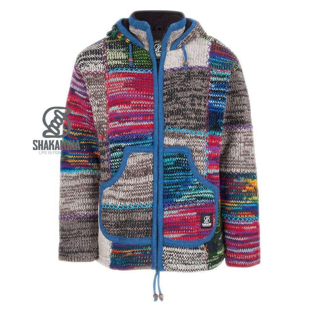 Shakaloha Wolljacke - Strickjacke Patch ZH Gemischtes mehrfarbiges Fell mit Fleece-Futter und Abnehmbarer Kapuze - Herren - Uni - Handgemacht in Ne...
