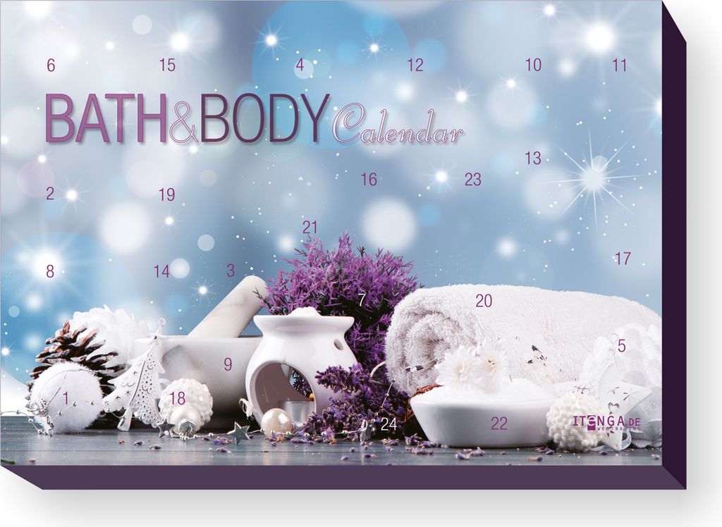 A spa-themed advent calendar with bath and body products, decorated with lavender and pine cones.