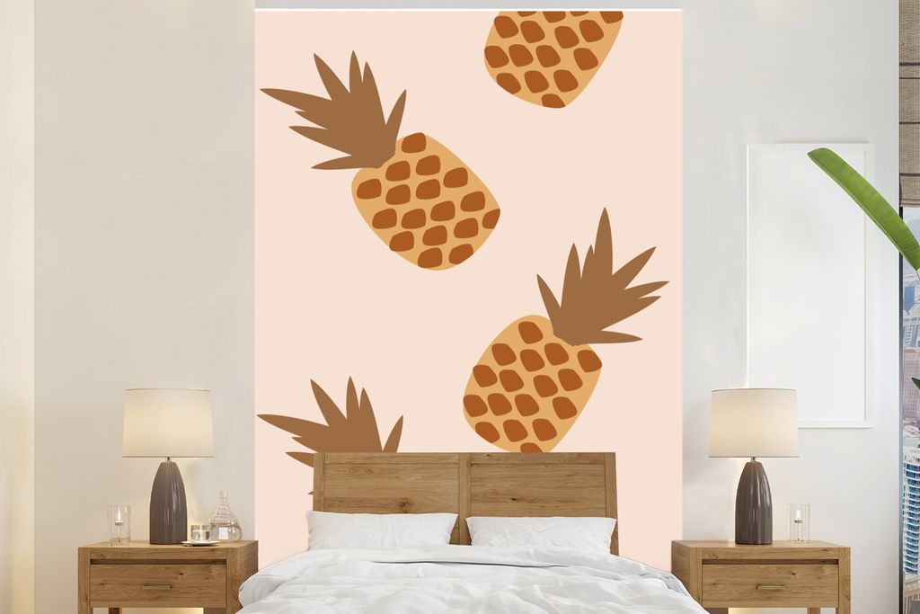 MuchoWow Fototapete für Wohnzimmer oder Schlafzimmer Wandtapete Vinyl Motivtapete Sommer - Ananas - Muster - 195x300 cm - Das Hintergrundbild
