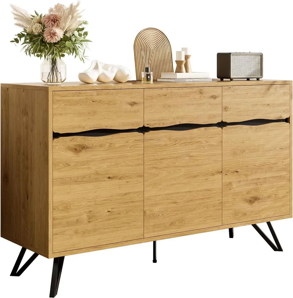 Buffet bas 3 portes effet bois naturel et meuble de rangement entrée