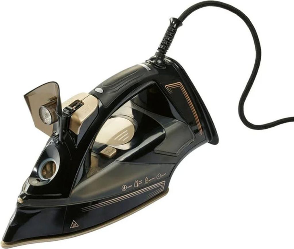 A black and gold steam iron is shown against a white background.