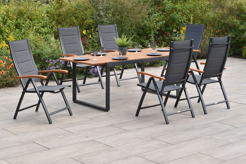Merxx "Paxos" Gartenmöbel Set 7tlg., 6 Klappsessel, Ausziehtisch, 150 (200) x 90 cm, Aluminium/Akazie/Textil