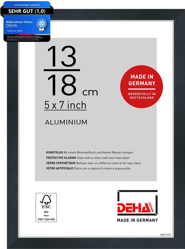 DEHA Design Aluminium Portraitrahmen Tribeca, 13x18 cm, Struktur Schwarz Matt