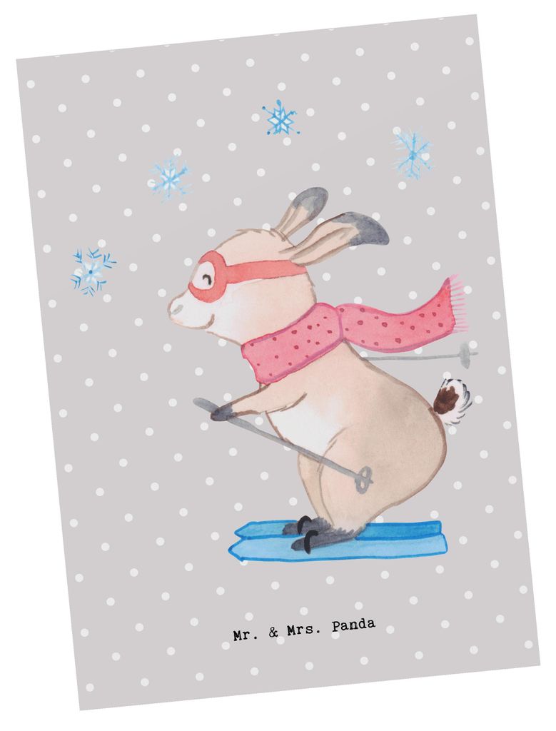 Mr. & Mrs. Panda Postkarte Skilehrer Herz - Grau Pastell - Geschenk, bildkarte, Grußkarte, Ansichtskarte, Fotokarte, Postkarten