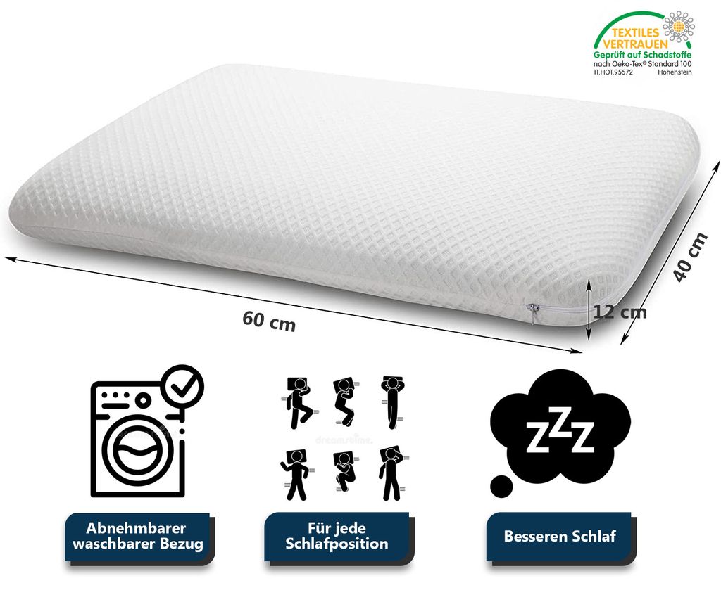 A white orthopedic pillow with dimensions indicated, along with icons representing features like washability, suitability for all sleeping positions, and better sleep.