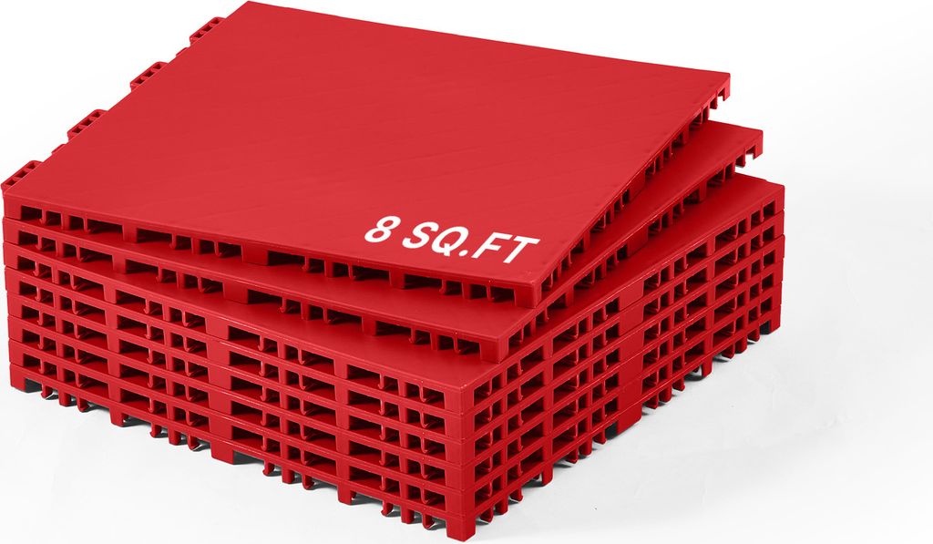 A stack of red interlocking floor tiles.