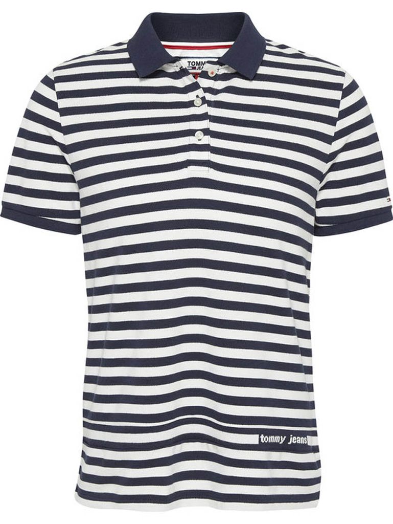Tommy Jeans Tommy Hilfiger Damen Stripe Polo Poloshirt, Blau/Weiss Gr. S