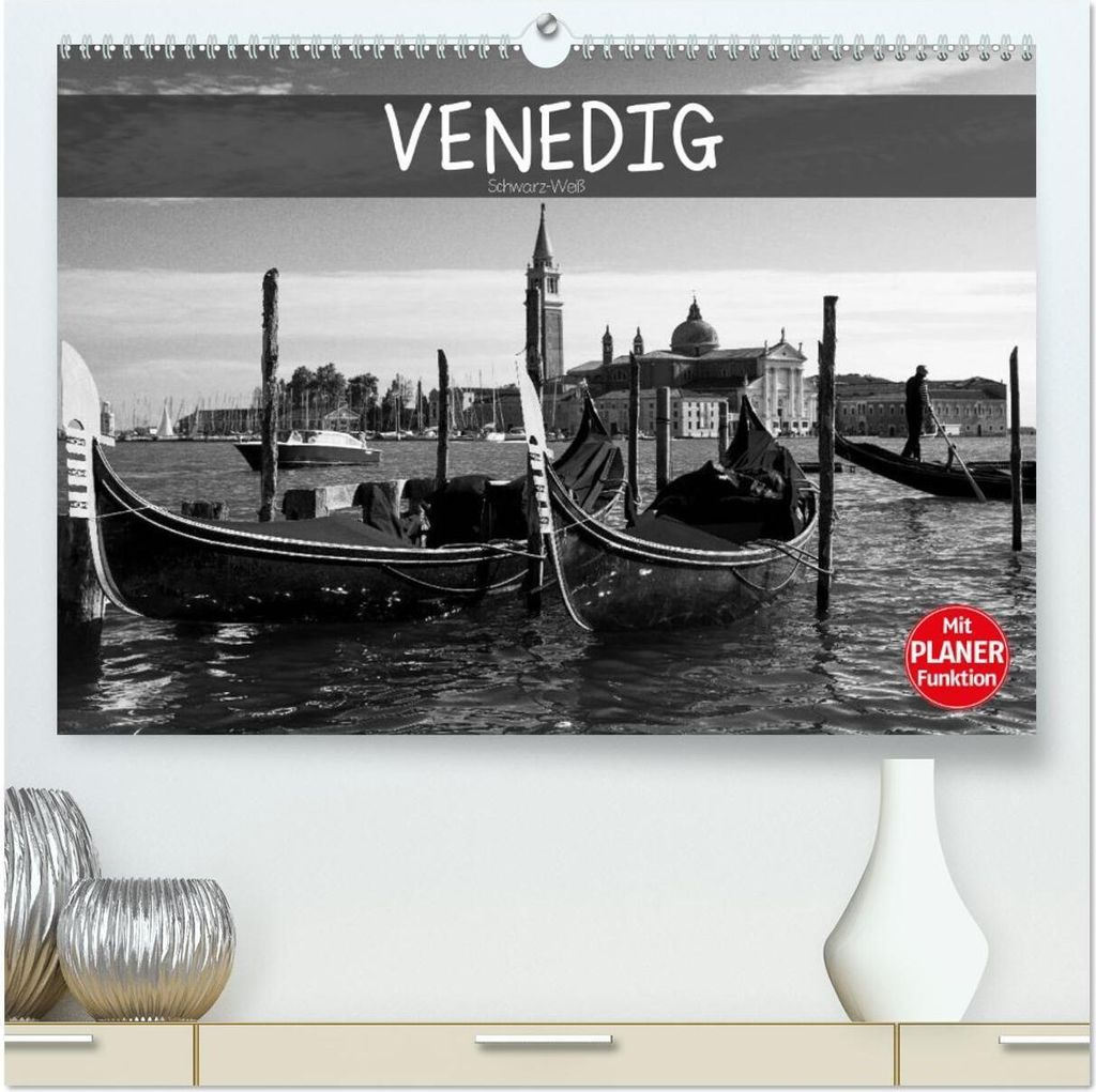 Venedig schwarz-weiß (hochwertiger Premium Wandkalender 2026 DIN A2 quer), Kunstdruck in Hochglanz