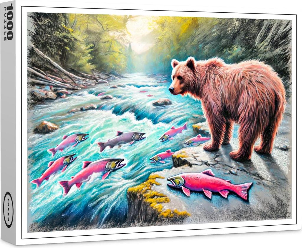 raxxa Premium-Puzzle "Brown Bear Watching Salmon Pastel Chalk Drawing", 1000 Teile