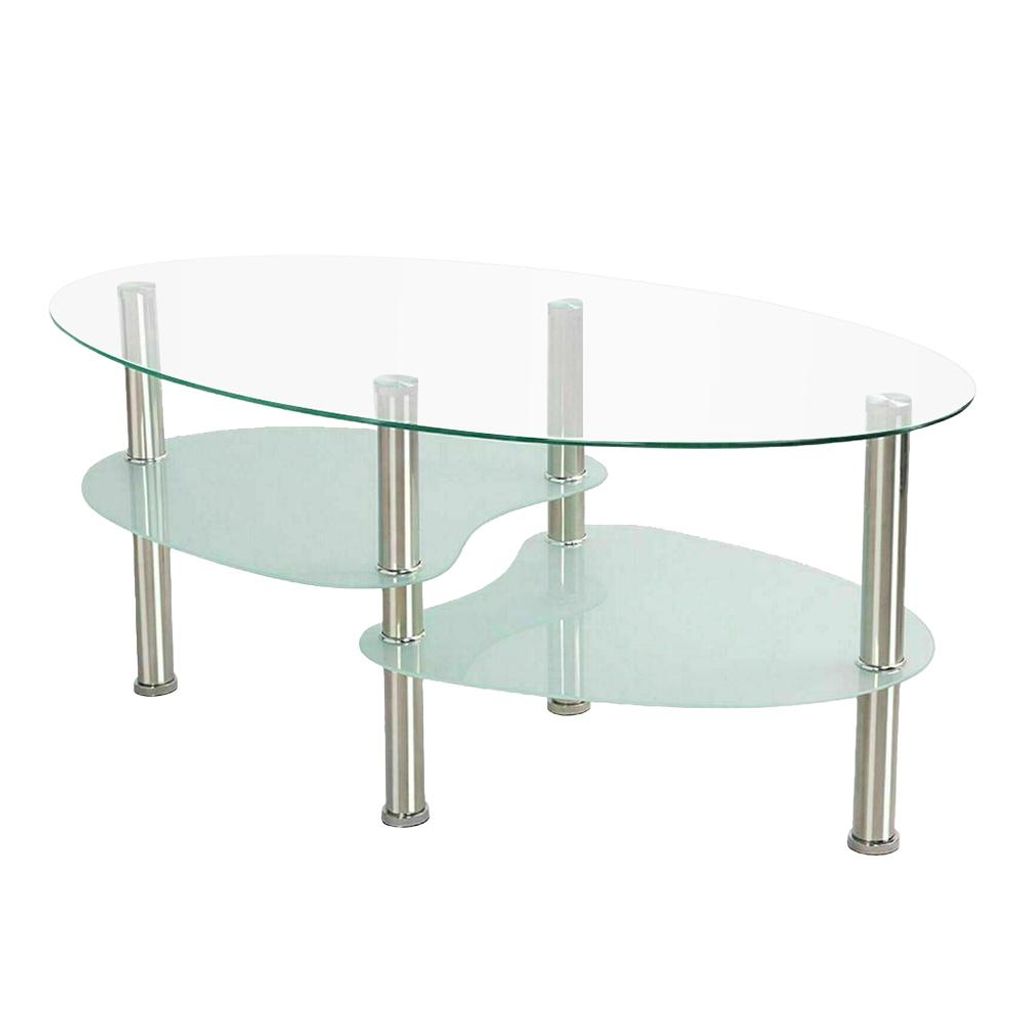 Glastisch Oval Edelstahl 90x50x42 cm，2 Ebenen Hartglas