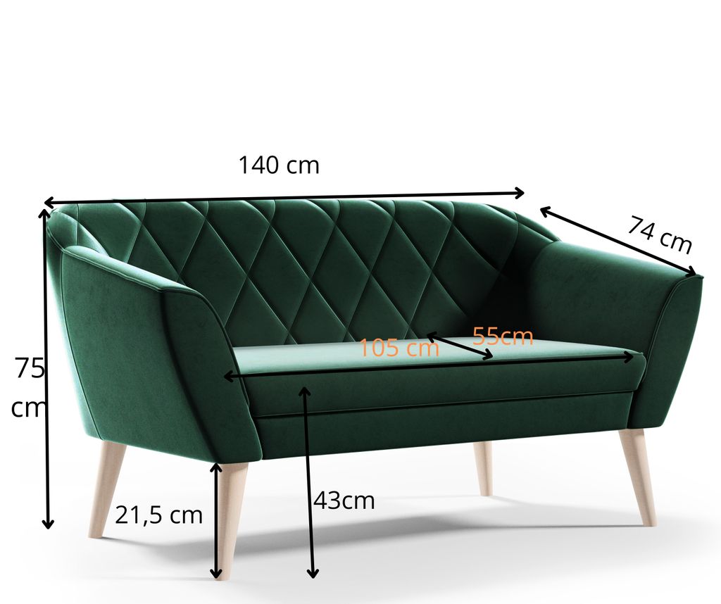 GUTTO Sofa 2 Sitzer Velour-- KARO -- Gruen Sitzbank aus Produktbild 3