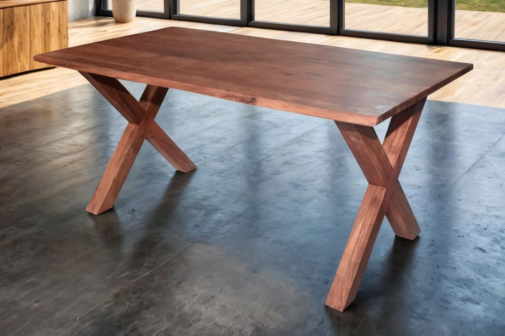 Esstisch 140x80 cm Murcia, Akazienholz massiv & nussbaumfarben, Baumkantentisch mit X-Holzgestell, echte Baumkante, pflegeleichter Holztisch/Massiv...