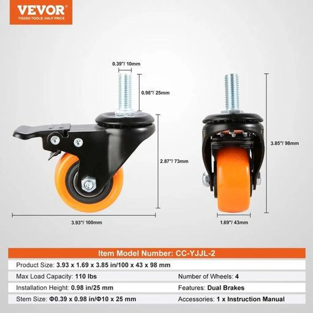Lot de roulettes pivotantes 100 mm avec frein pour établi et chariot