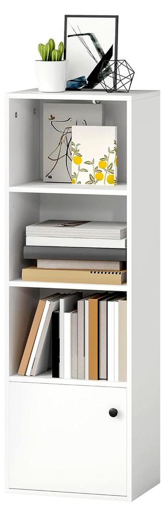 4-stöckiges Bücherregal, Verstellbares Regal mit Tür, Modern, 40x30x120 cm, für Wohnzimmer, Schlafzimmer, Arbeitszimmer, Büro, Weiß