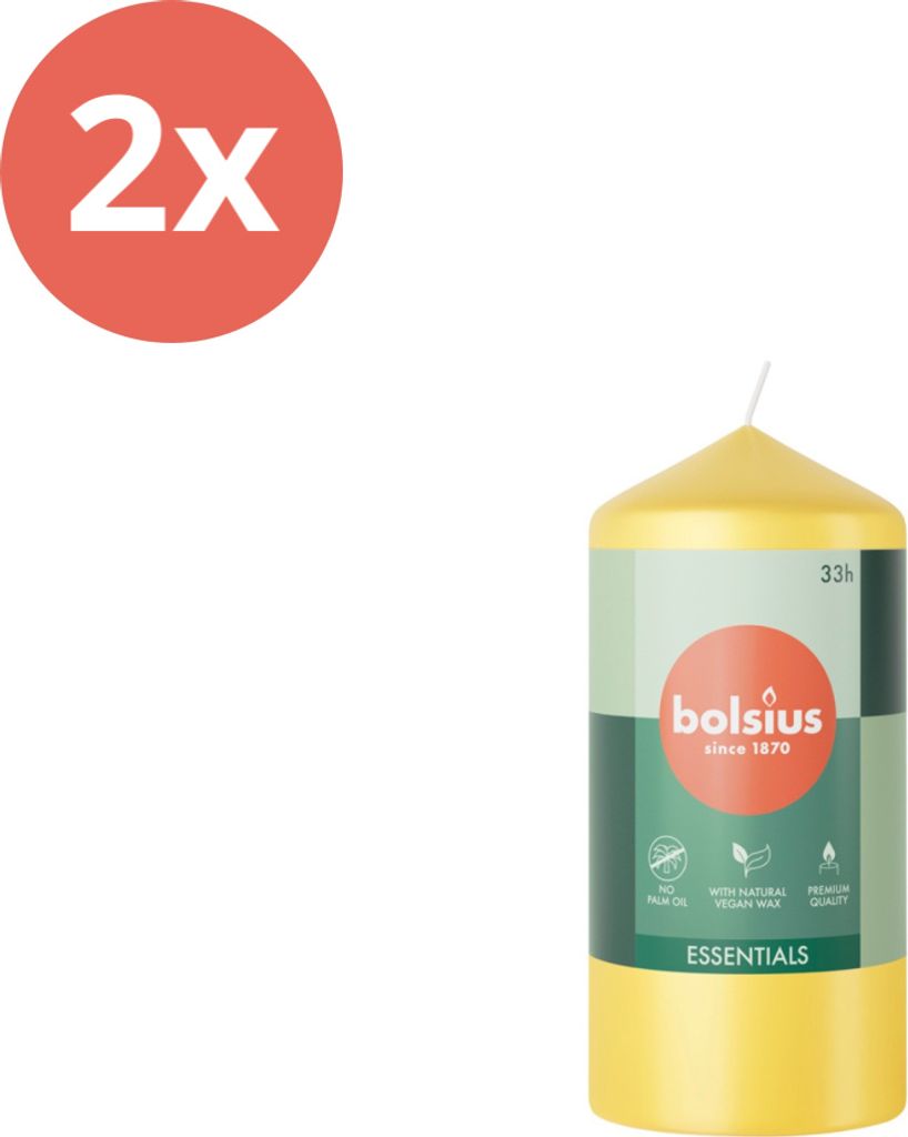 Bolsius - Stumpenkerze - Essentials - 120/58 - 1 Stück pro Packung - Sonnengelb - Vorteilspack - 2 Stücke