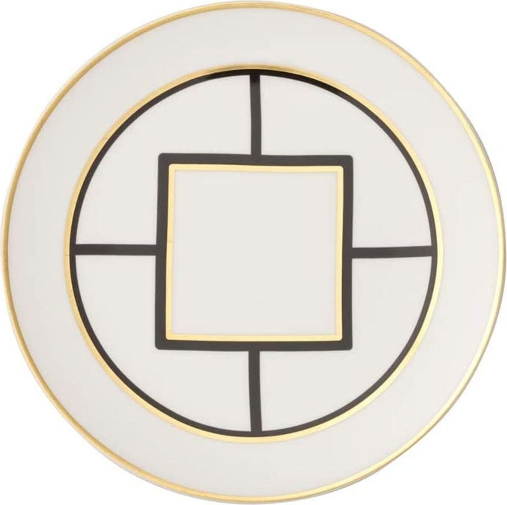 A top-down view of a round plate with a geometric design.