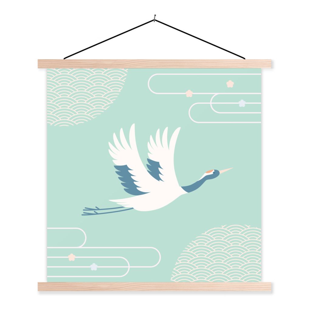 MuchoWow Textilposter Illustration eines chinesischen Kranichs vor einem blauen Hintergrund 40x40 cm mit holzfarbenen Rahmen - Posterleiste