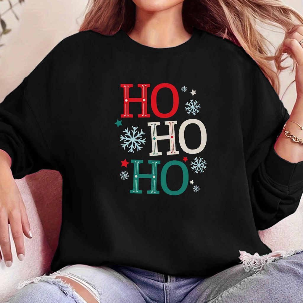 Weihnachtssweatshirt Weihnachtssweatshirt für Damen mit Aufschrift HOHOHO Lässige Pullover mit Rundhalsausschnitt, schwarz, L