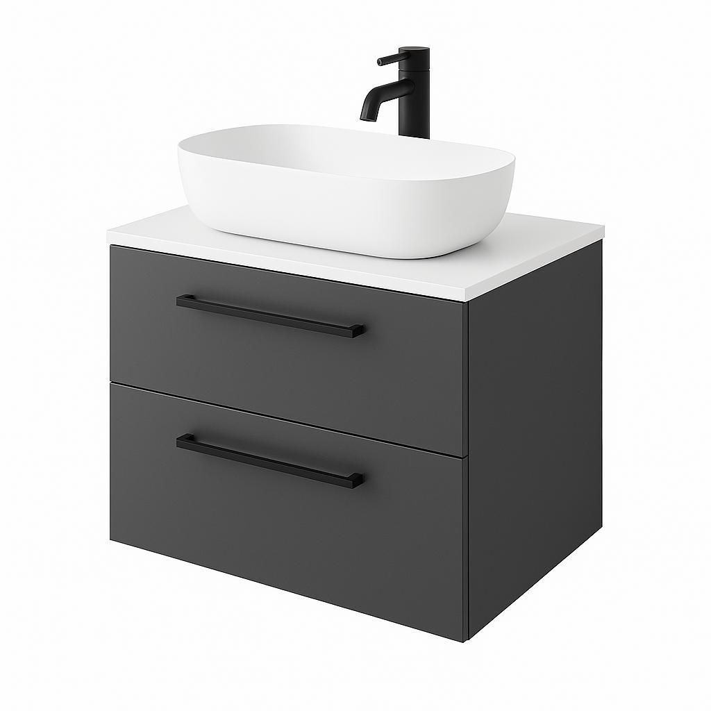 Waschbeckenunterschrank ONE mit Abdeckplatte 2 große Schubladen Anthrazit Weiß Hochglanz 60x50x46 hängend schwarze Griffe Badezimmer