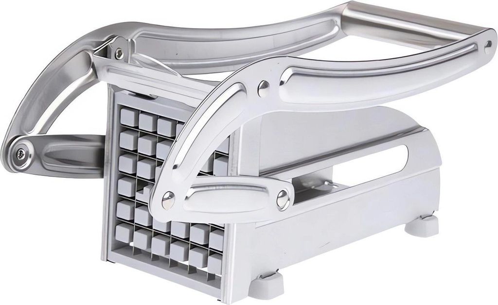 A chrome and white potato cutter for making french fries.