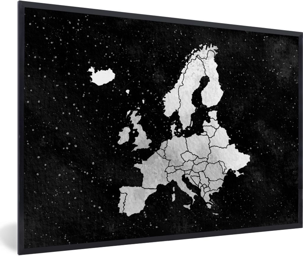 MuchoWow Gerahmtes Poster Europa-Karte auf Sternenhintergrund von Aquarell - schwarz und weiß 30x20 cm - Poster mit Schwarzem Bilderrahmen Wandp...