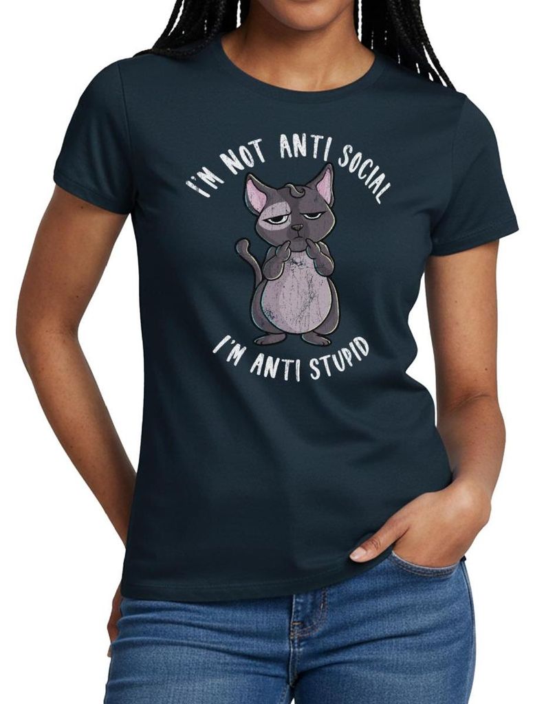 Spreadshirt I’m Not Anti Social I’m Anti Stupid | Genervte Katze Frauen T-Shirt, XXL, Navy