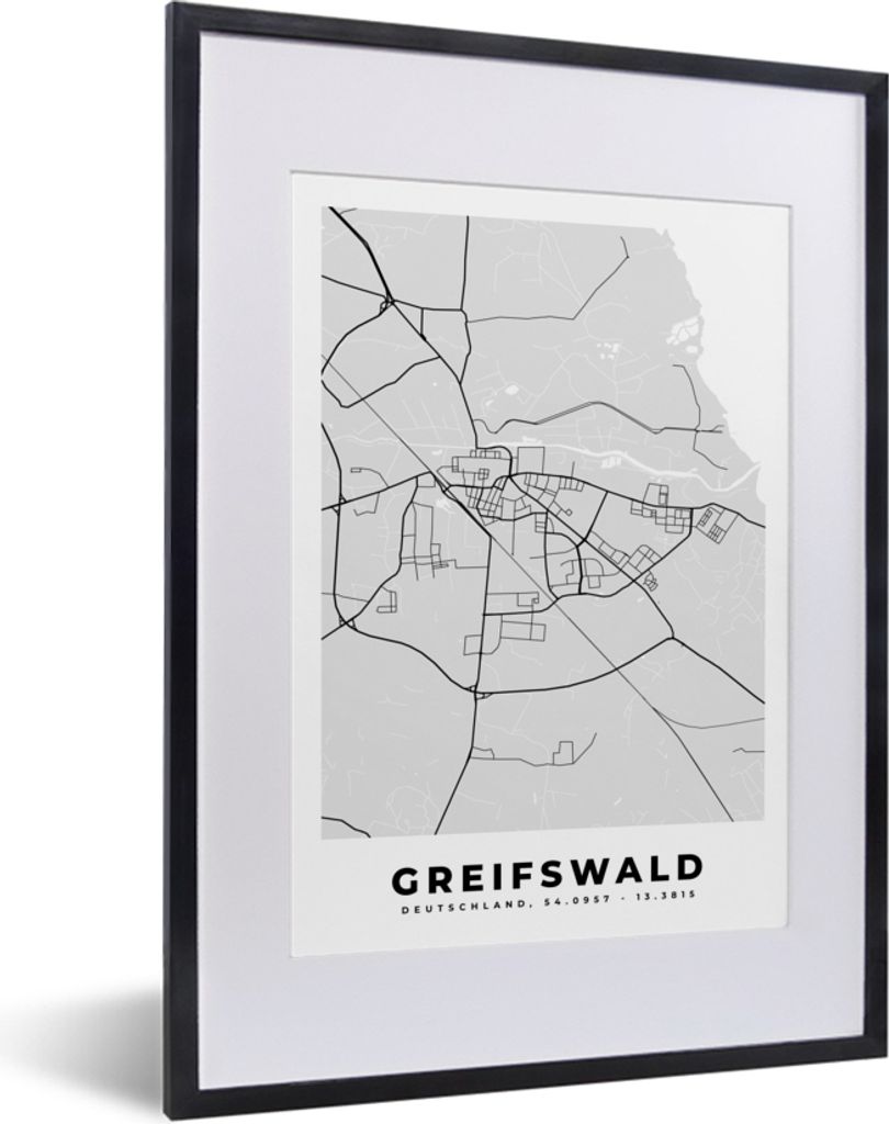 MuchoWow Gerahmtes Poster Greifswald - Karte - Stadtplan - Deutschland 30x40 cm - Poster mit Schwarzem Bilderrahmen Wandposter Rahmen Foto Bilder...