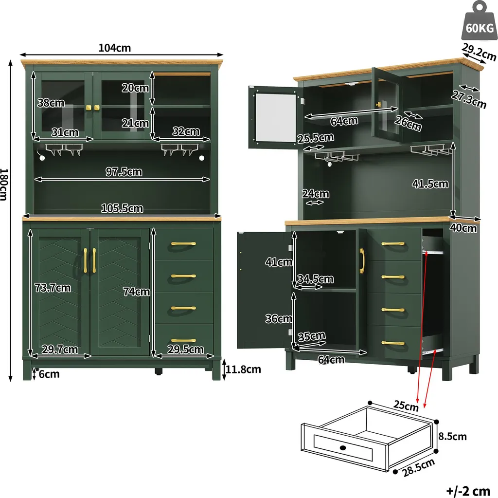 Vaisselier de cuisine rustique 180cm avec rangement LED et vitrine chic