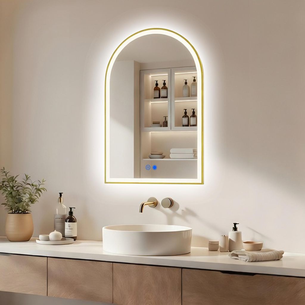 ARTFORMA LED Badspiegel Bogen 60x90 cm gold mit Touch und Produktbild 