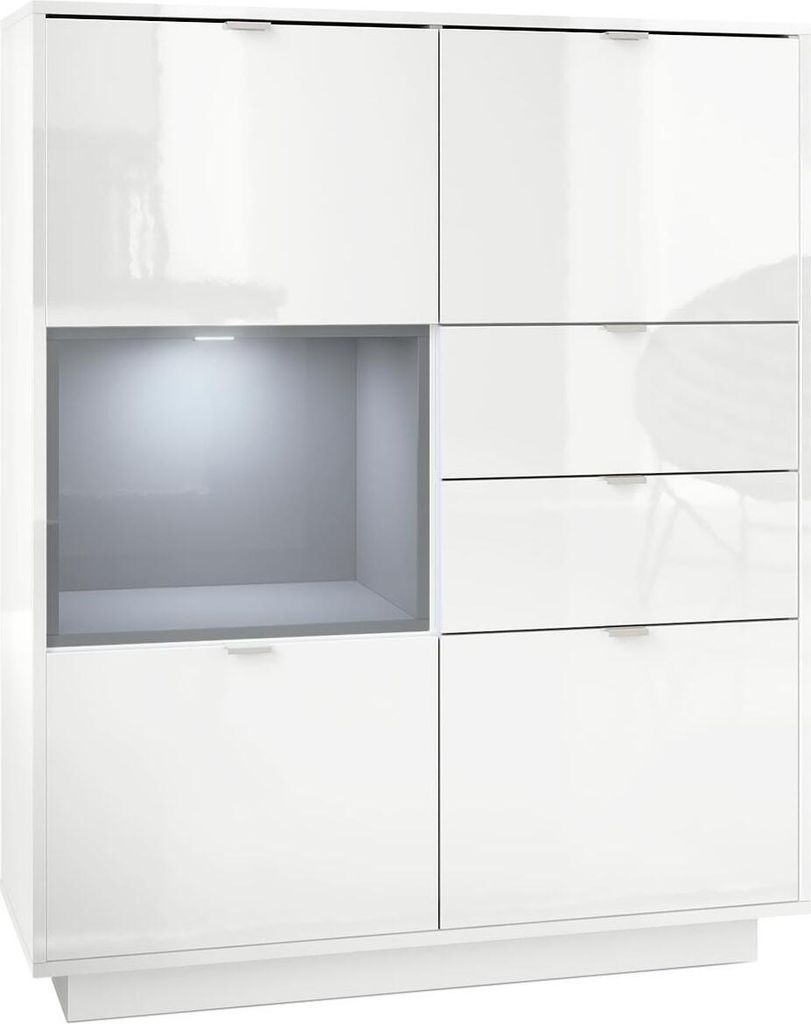 Vladon Highboard Sideboard Metro, Germany, Korpus in Weiß Hochglanz / Fronten in Weiß Hochglanz mit Einsatz in Grau Hochglanz, inkl. LED Beleuchtung