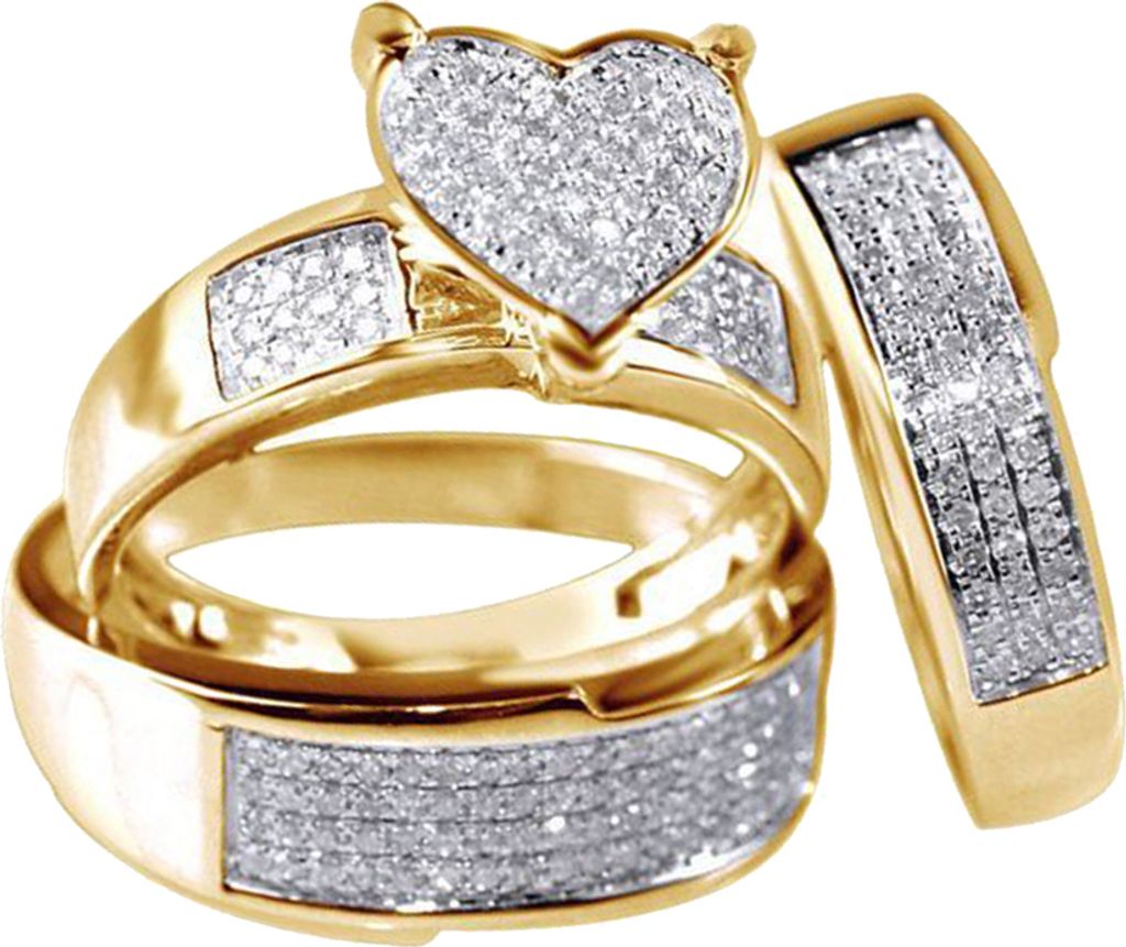3-teiliges modisches Damen-Ring-Set mit Strass-Herz, Hochzeit, Verlobung, Schmuck, Geschenk-Golden,US 7