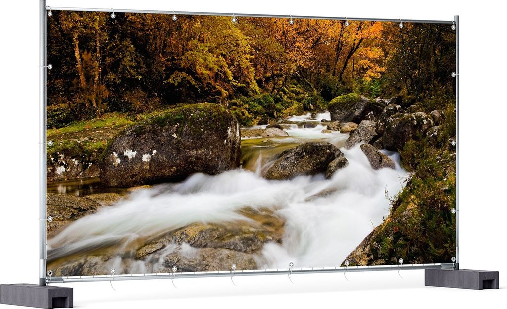 Wallario XXL Outdoor-Poster für Garten oder Balkon, Motiv Fließender Bach im Herbstwald, in ca. 340 x 173 cm