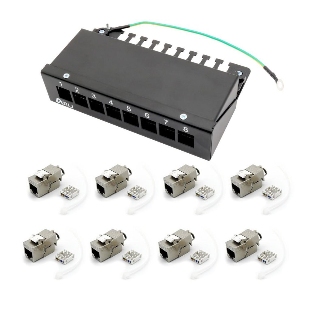 ARLI Patchpanel inkl. 8x Keystone Cat8.1 Module – 8-Port Patchfeld Gehäuse schwarz